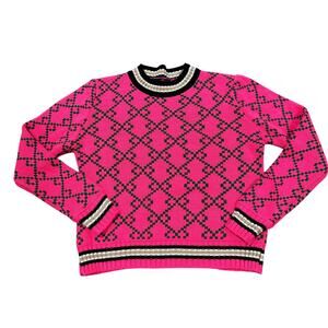 Vtg Italian Hot Pink Jacquard Knit Pullover Sweater, Apres Ski Alpine Chic Wms M